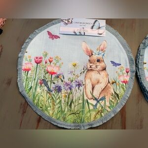 Cynthia Rowley Round fringe trim sage blue Easter Rabbit placemat set of 4 NEW